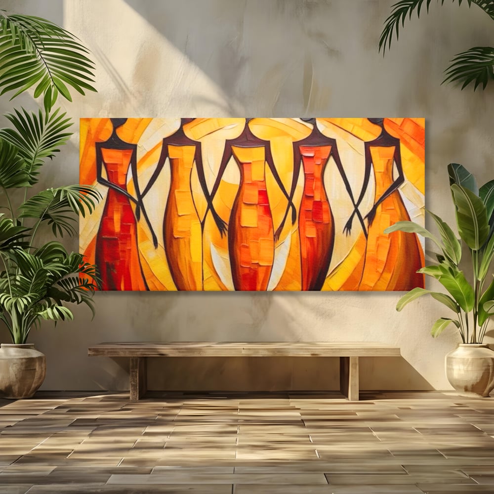 Tablou canvas cu pictura abstracta cu cinci femei stilizate, fara rama, pe sasiu de lemn